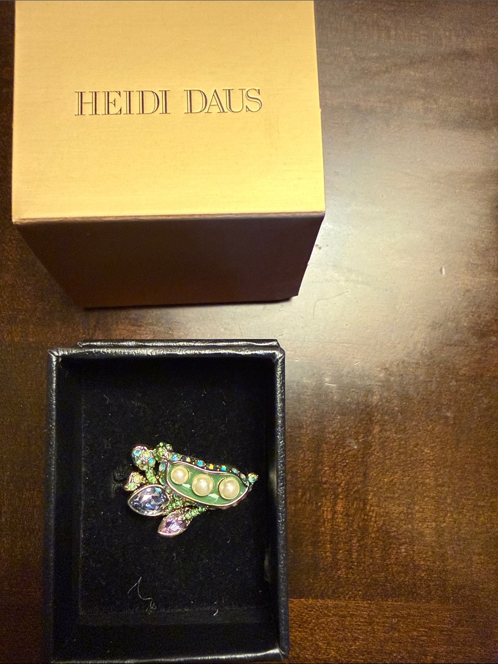 Heidi Daus Enamel Pea Pod Brooch with Pearls and Iridescent Crystals